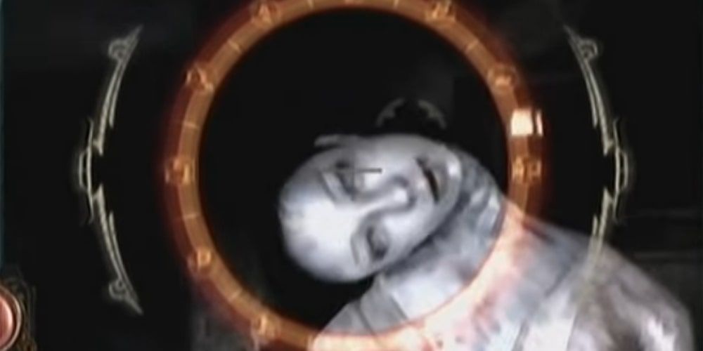 A screenshot of the Broken Neck Woman coming towards the Camera in Fatal Frame.