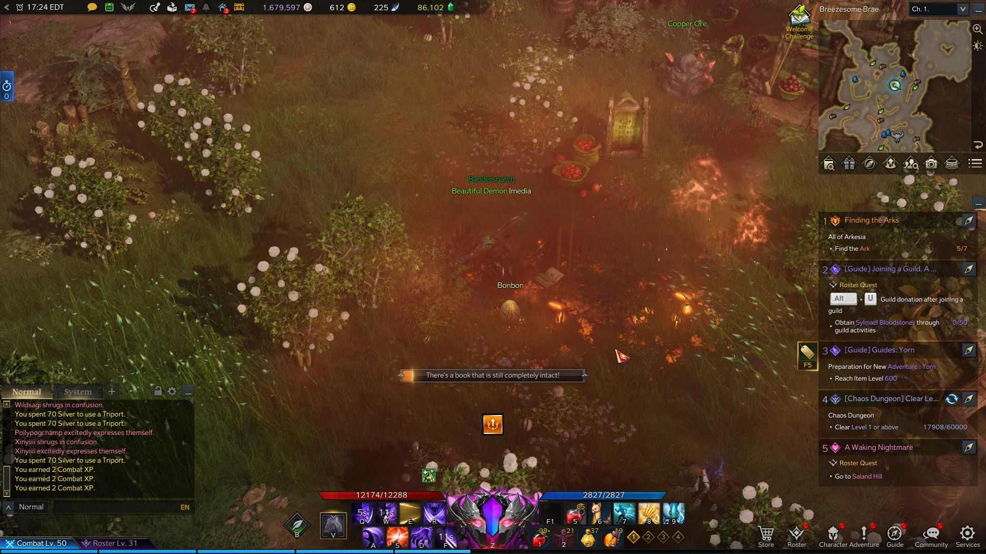A player collects a book in a burning field of Breezesome Brae