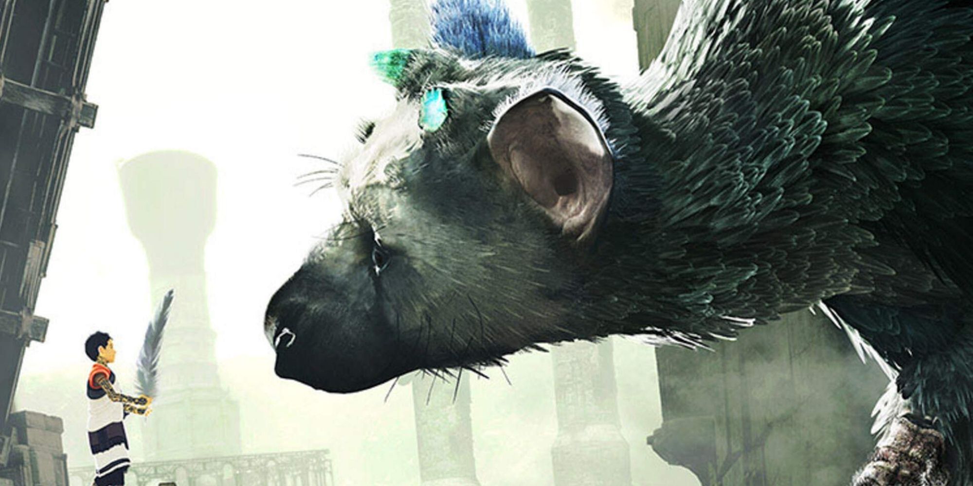 The Last Guardian Trico Leans Towards The Boy Who Is Holding A Feather Outside