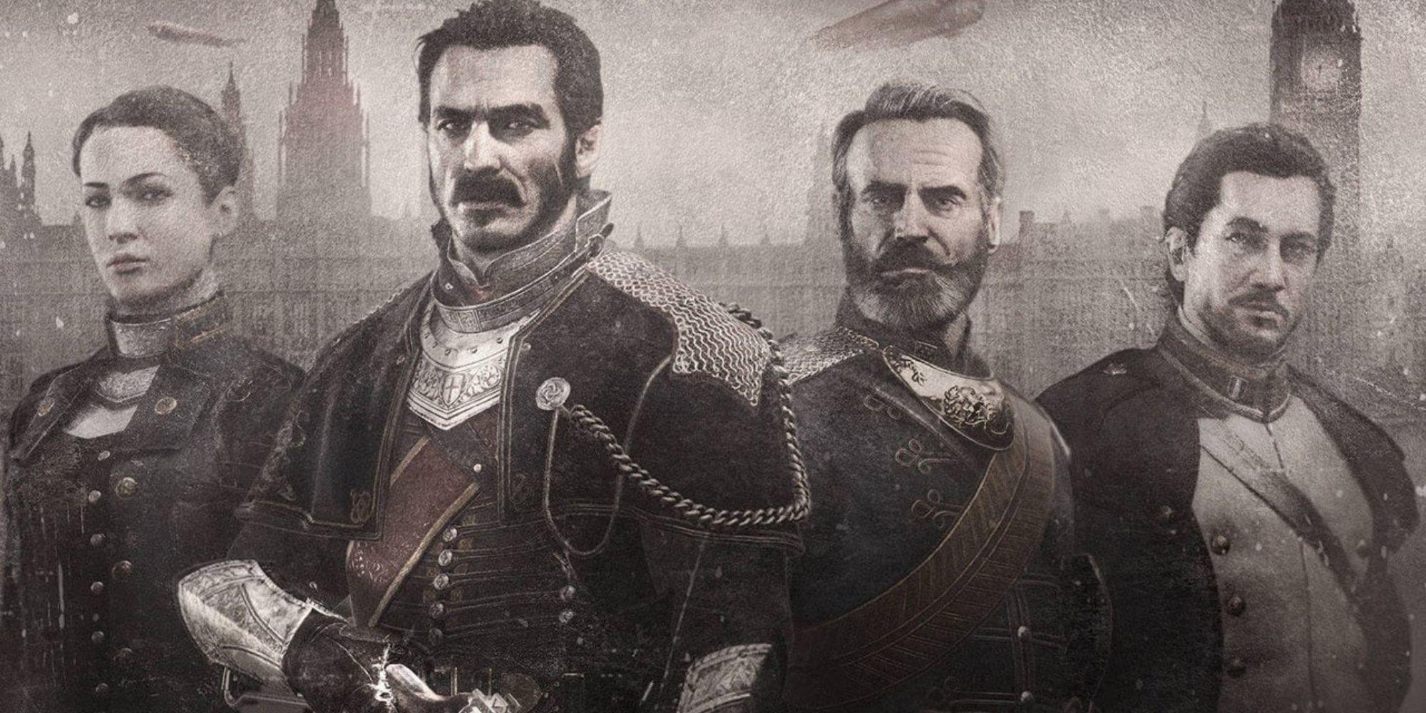 The Order 1886 Cast Stand in Front of a Steampunk Version of London Looking Stoic