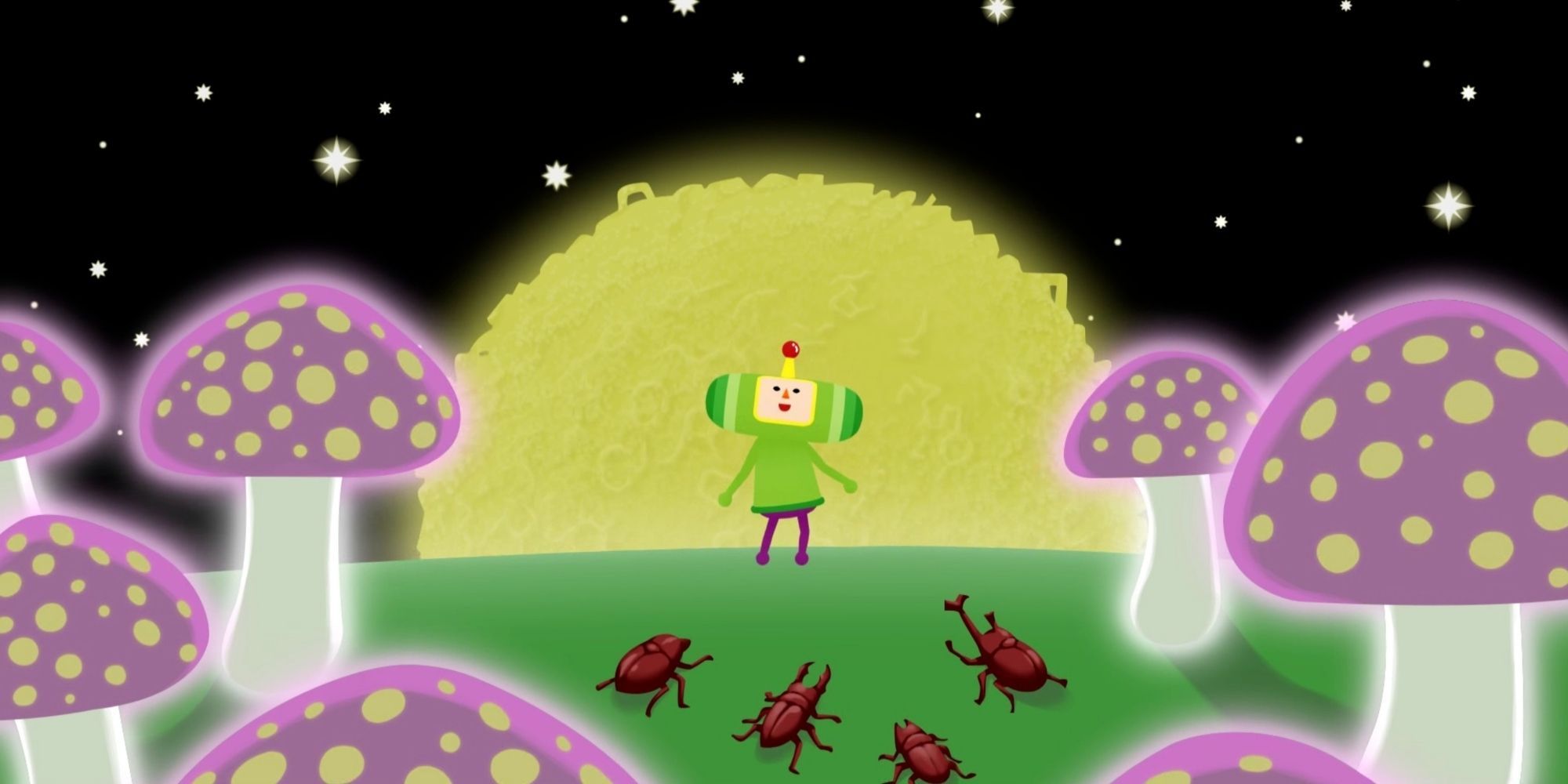 The character The Prince from Katamari Damacy standing infront of a giant sun. Giant mushrooms surround him and 4 horned beetles are walking towards him.