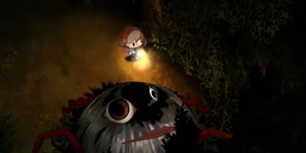 A screenshot of Road Blocker and the main character in Yomawari.