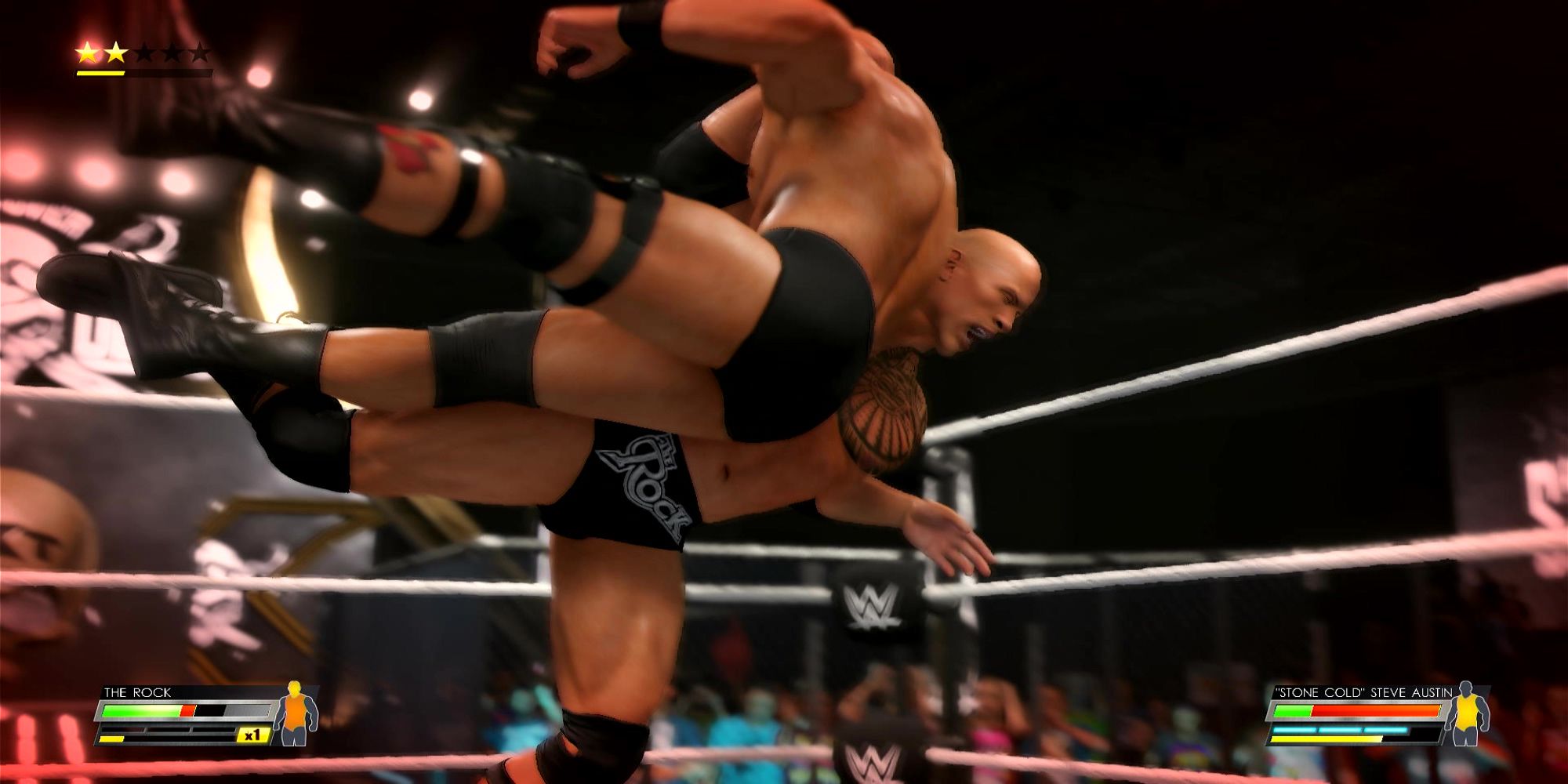 The Rock slams Stone Cold Steve Austin into the ground with The Rock Bottom at NXT: Stand And Deliver. WWE 2K22.