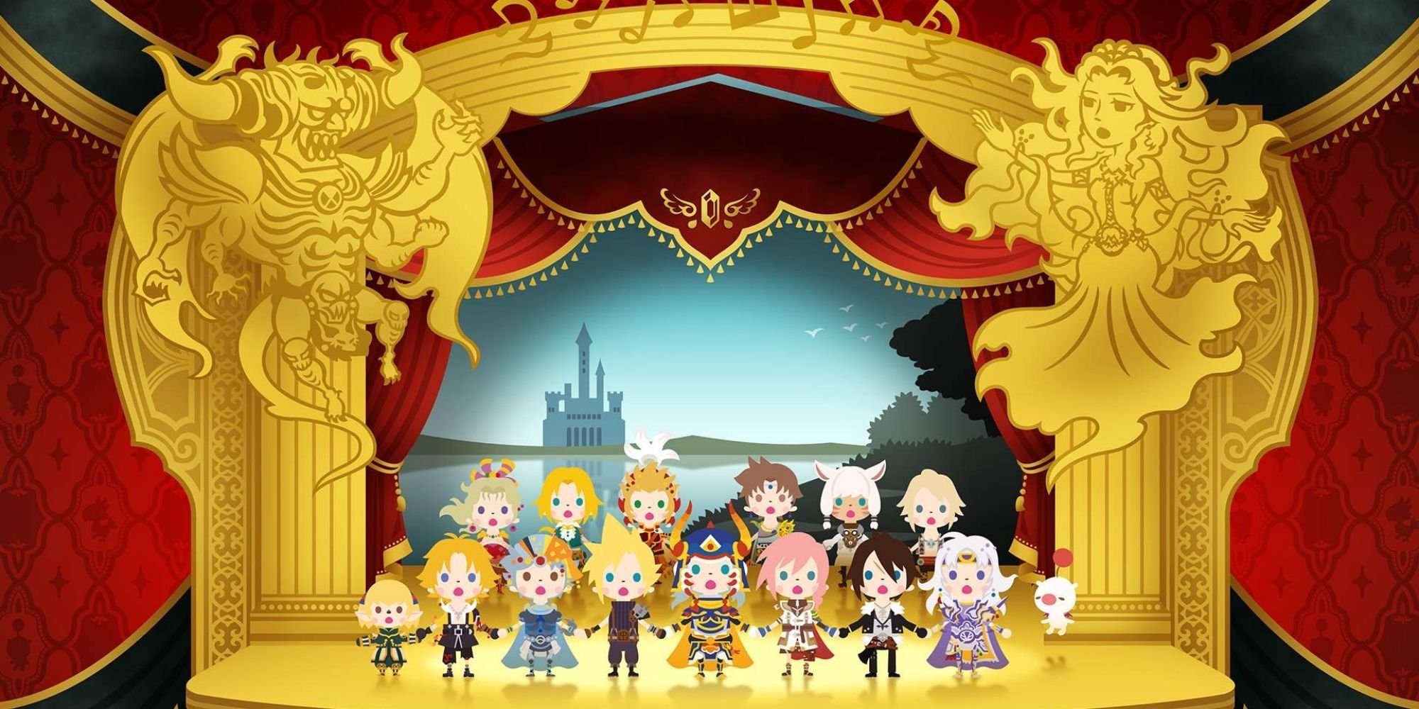 Theatrhythm Cast Of Final Fantasy Series Stands On A Stage Holding Hands And Singing