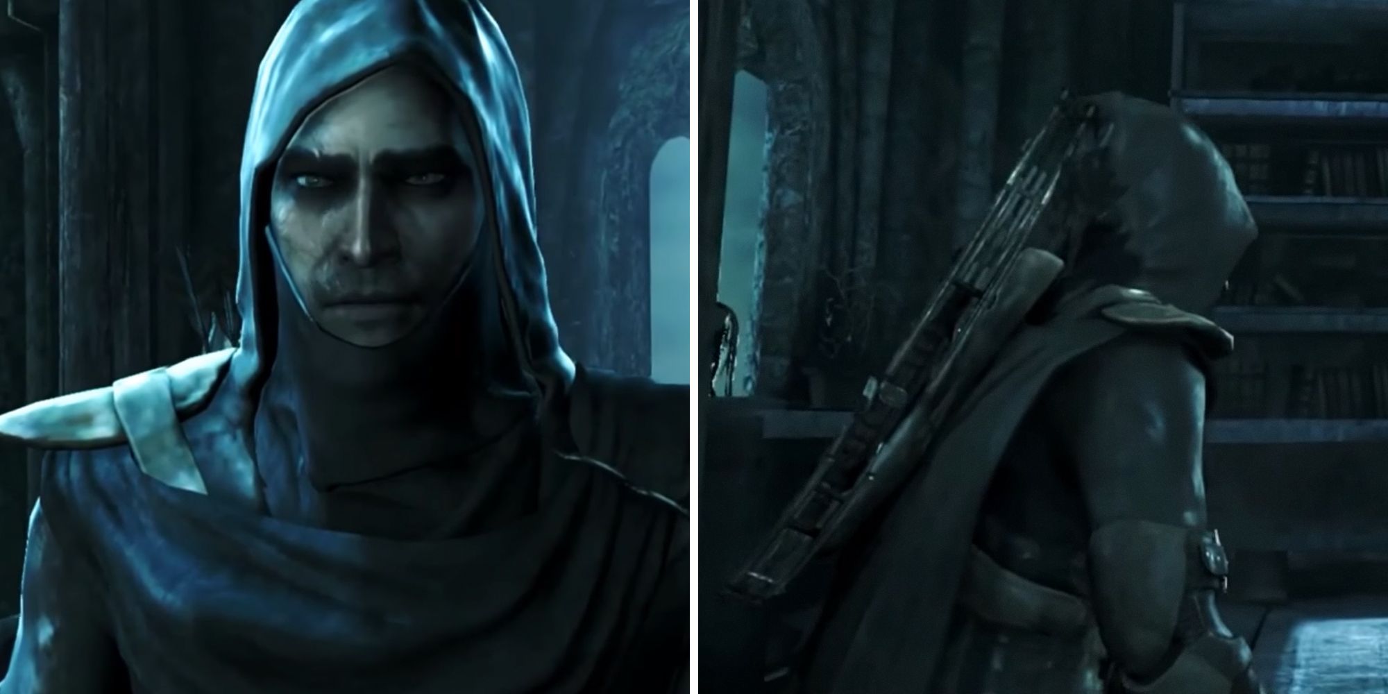 Thief cutscene split image. Wearing an all black outfit.