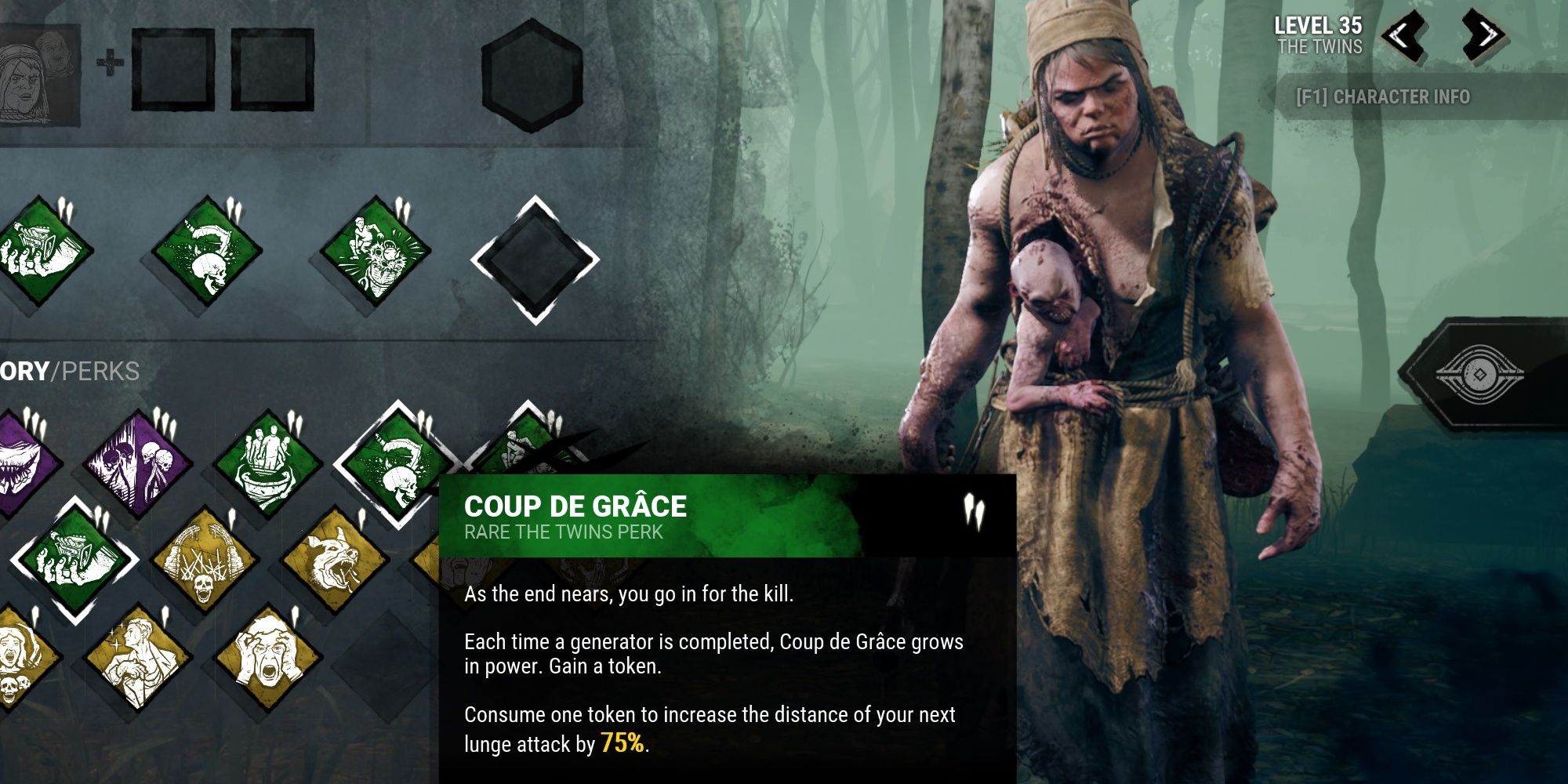 Coup de Grace is a Twins teachable perk, unlocked at level 40 on their Bloodweb at max rank, your lunge is extended by 80%