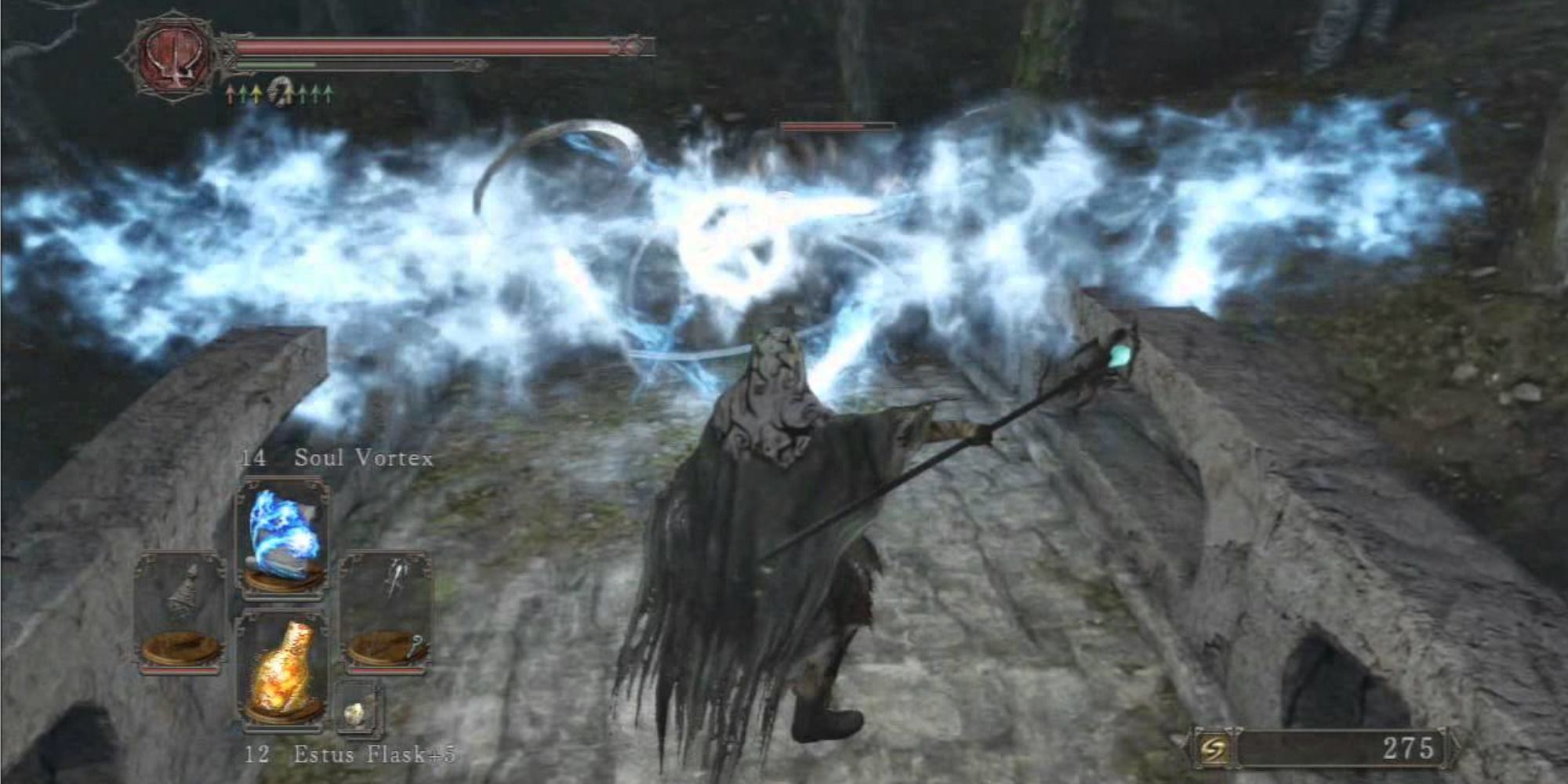 A player using the Soul Vortex Sorcery, wearing the Hexer's Hood and using the Staff of Wisdom