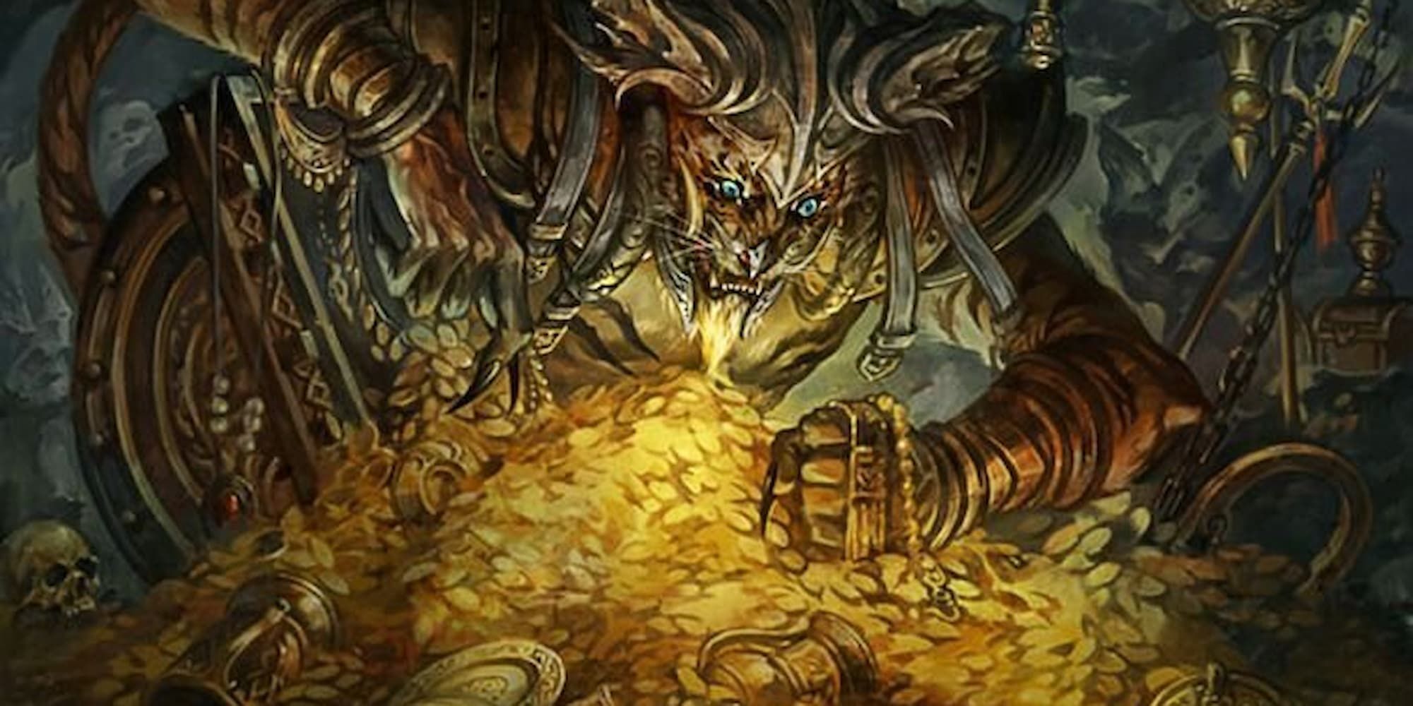 A tabaxi in armor looking over a mound of gold coins and other treasure