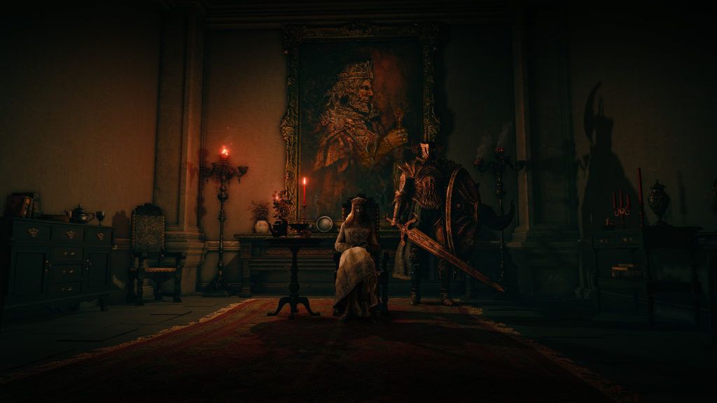 Volcano Manor Elden Ring queen sitting in her throne beside her knight in a red room