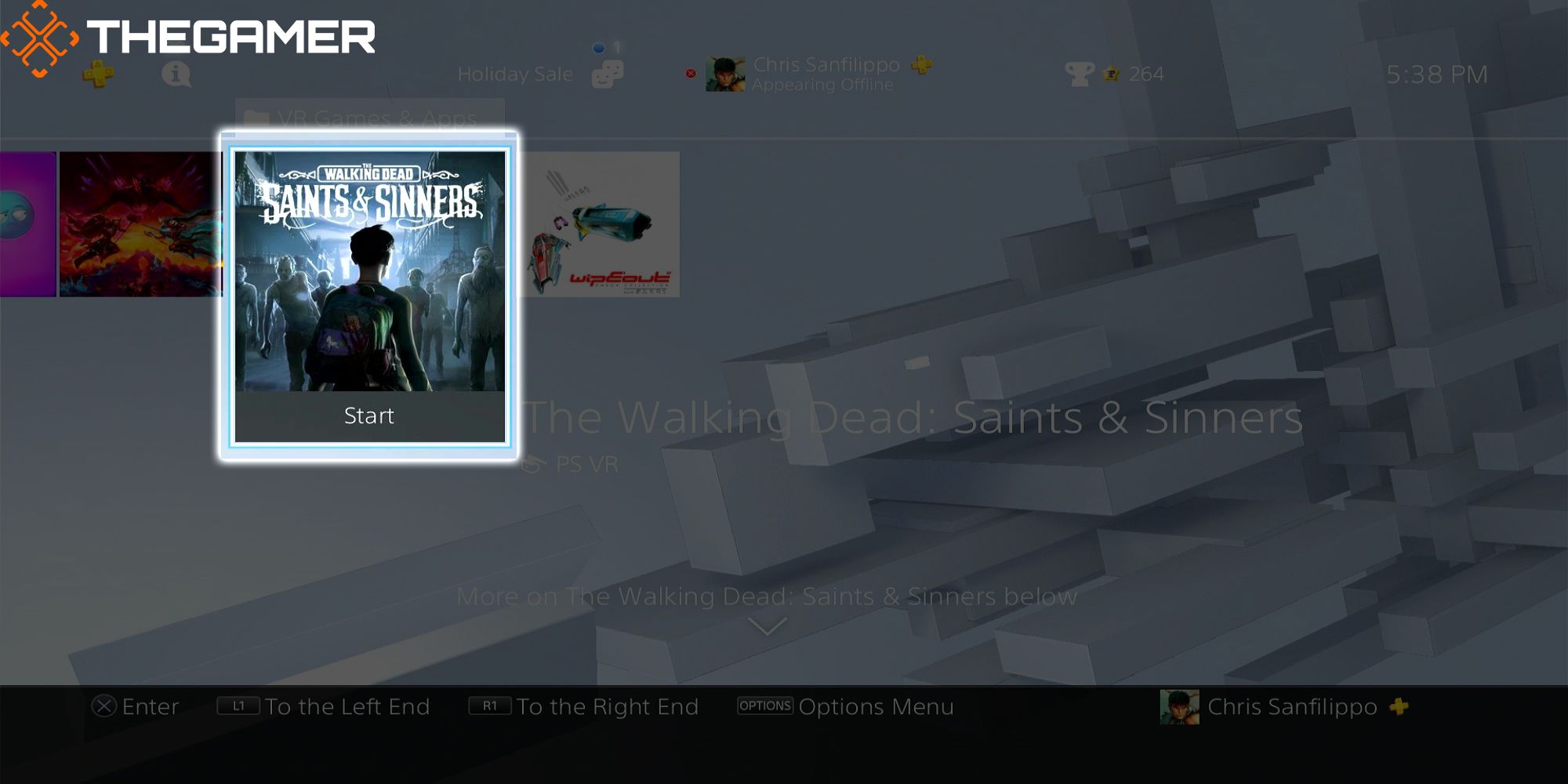 The Walking Dead Saints And Sinners start icon in the VR Games Folder of Chris's Sad PS4 Home Page.