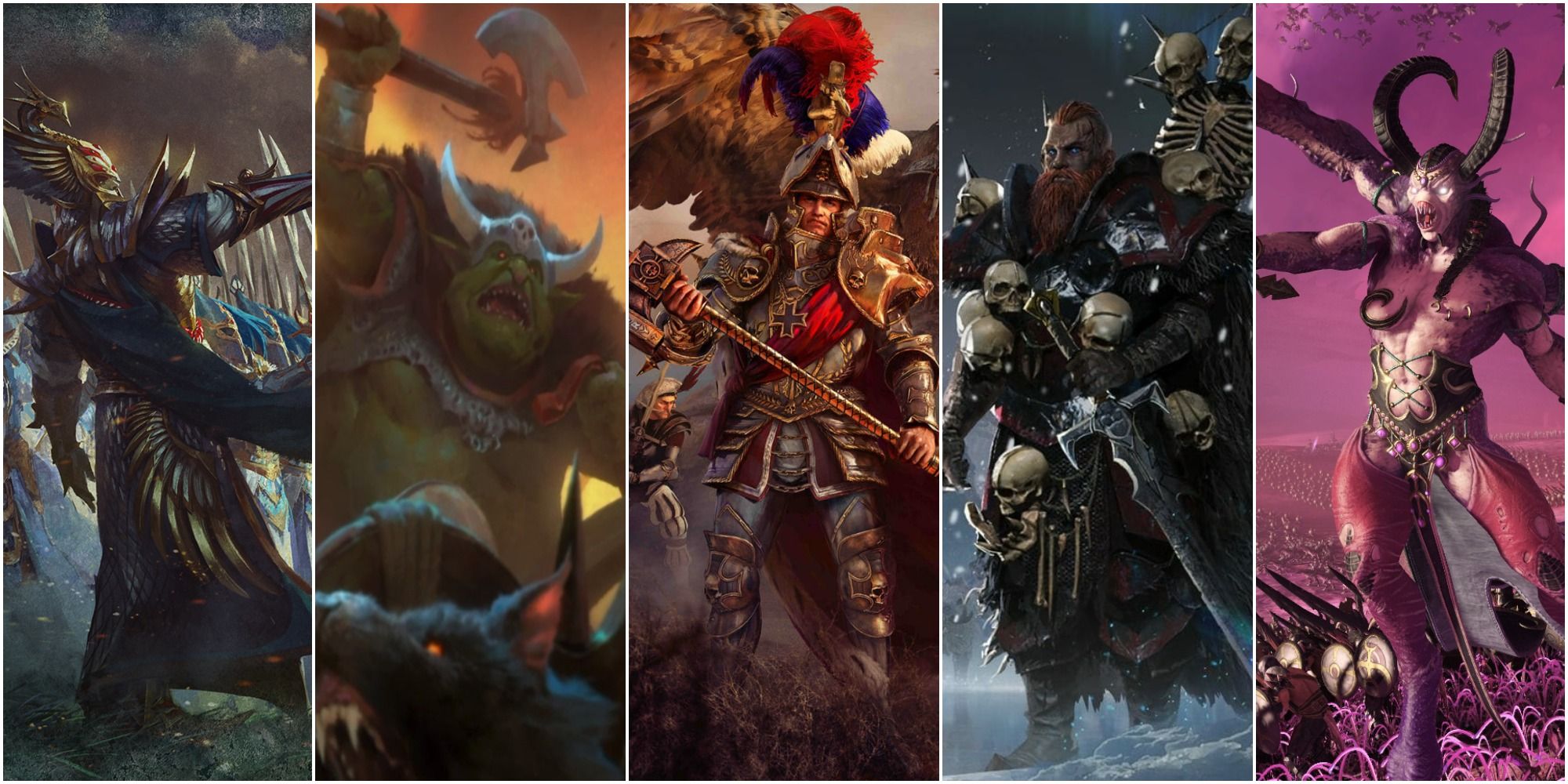 Warhammer Total War Featured Image showing Tyrion, Grom, Karl, Wulfrik and Slaanesh