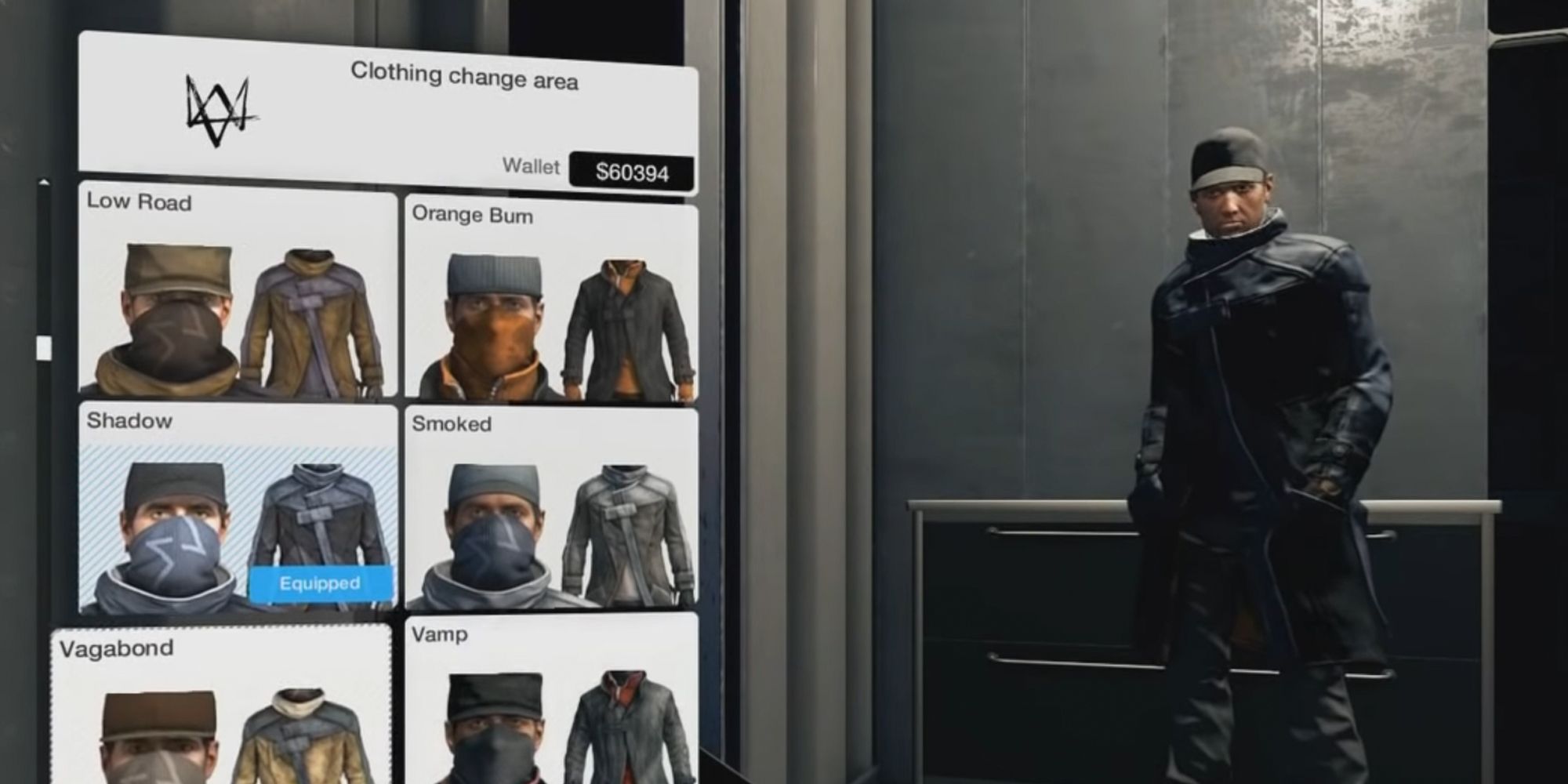 Watch Dogs outfit selection screen. Wearing the Shadow outfit.