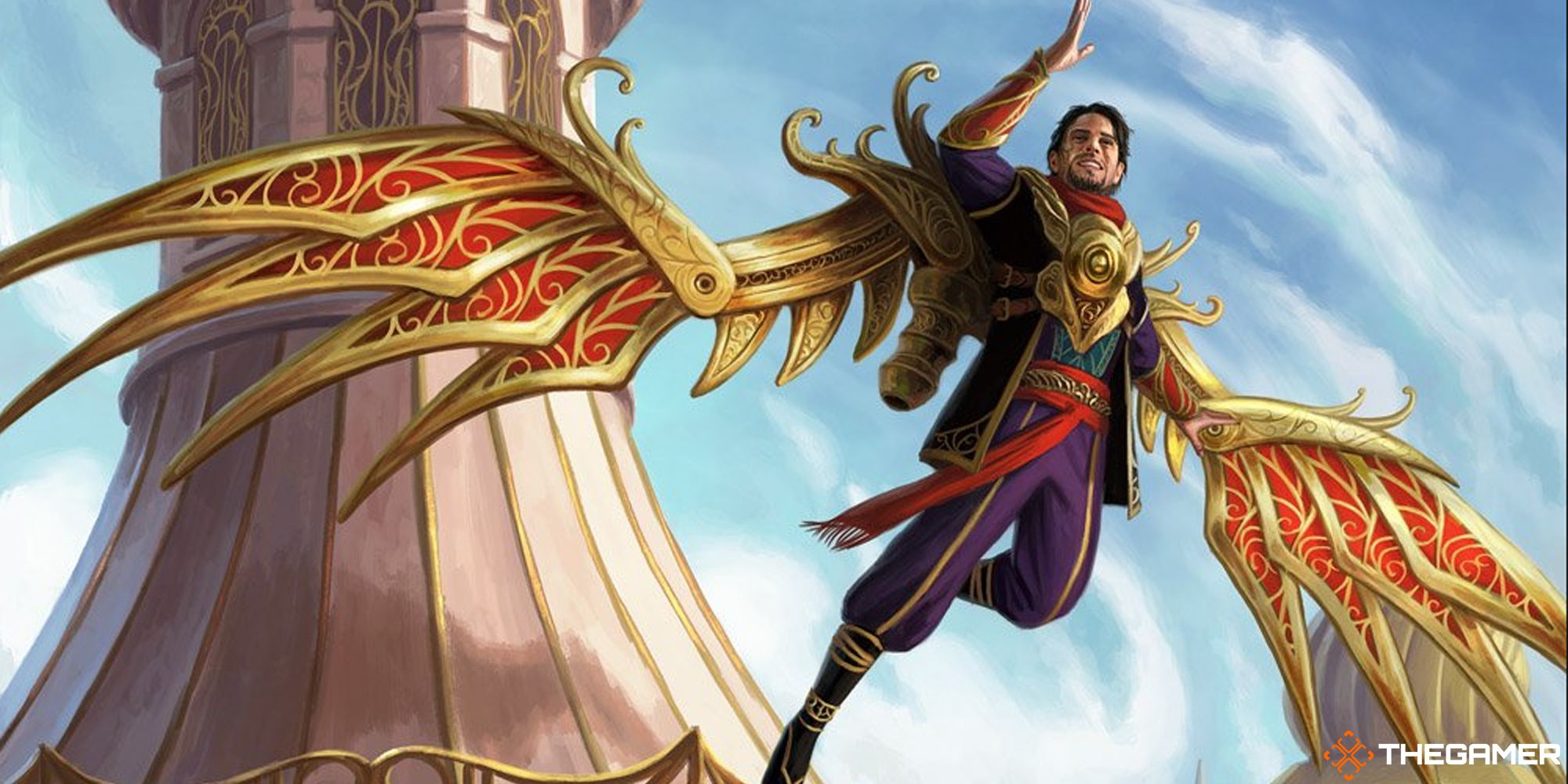 Weldfast Wingsmith by Dan Scott, from Magic the Gathering. A person with scarlet and gold mechanical wings takes flight and waves to the onlookers below.