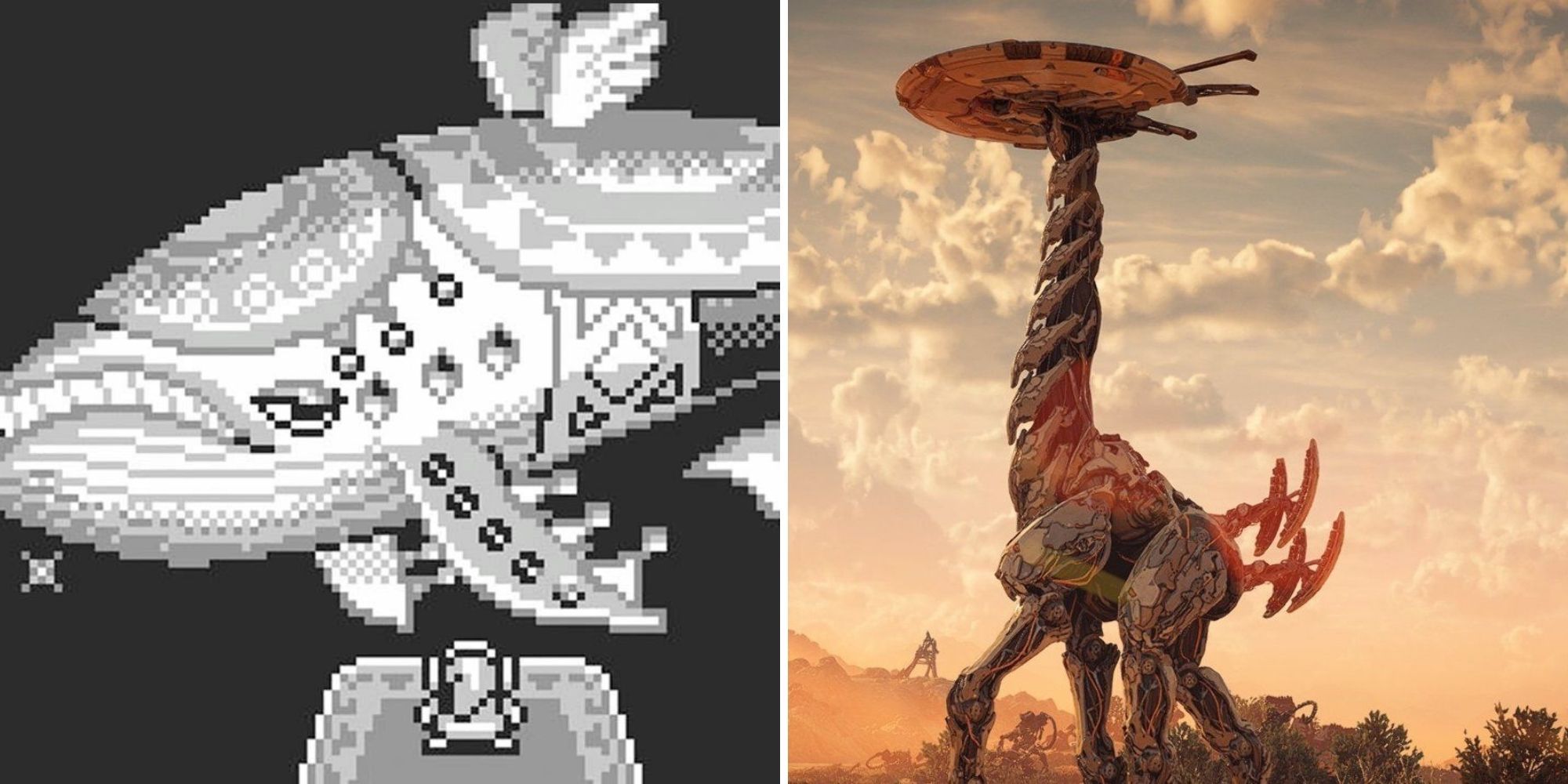 Split Image The Wind Fish tells Link the truth about Koholint Island as a Tallneck from Horizon marches around