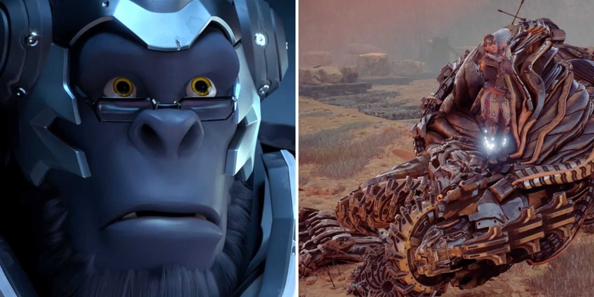 Split Image Winston from Overwatch looks shocked as Aloy stands on a defeated Rockbreaker
