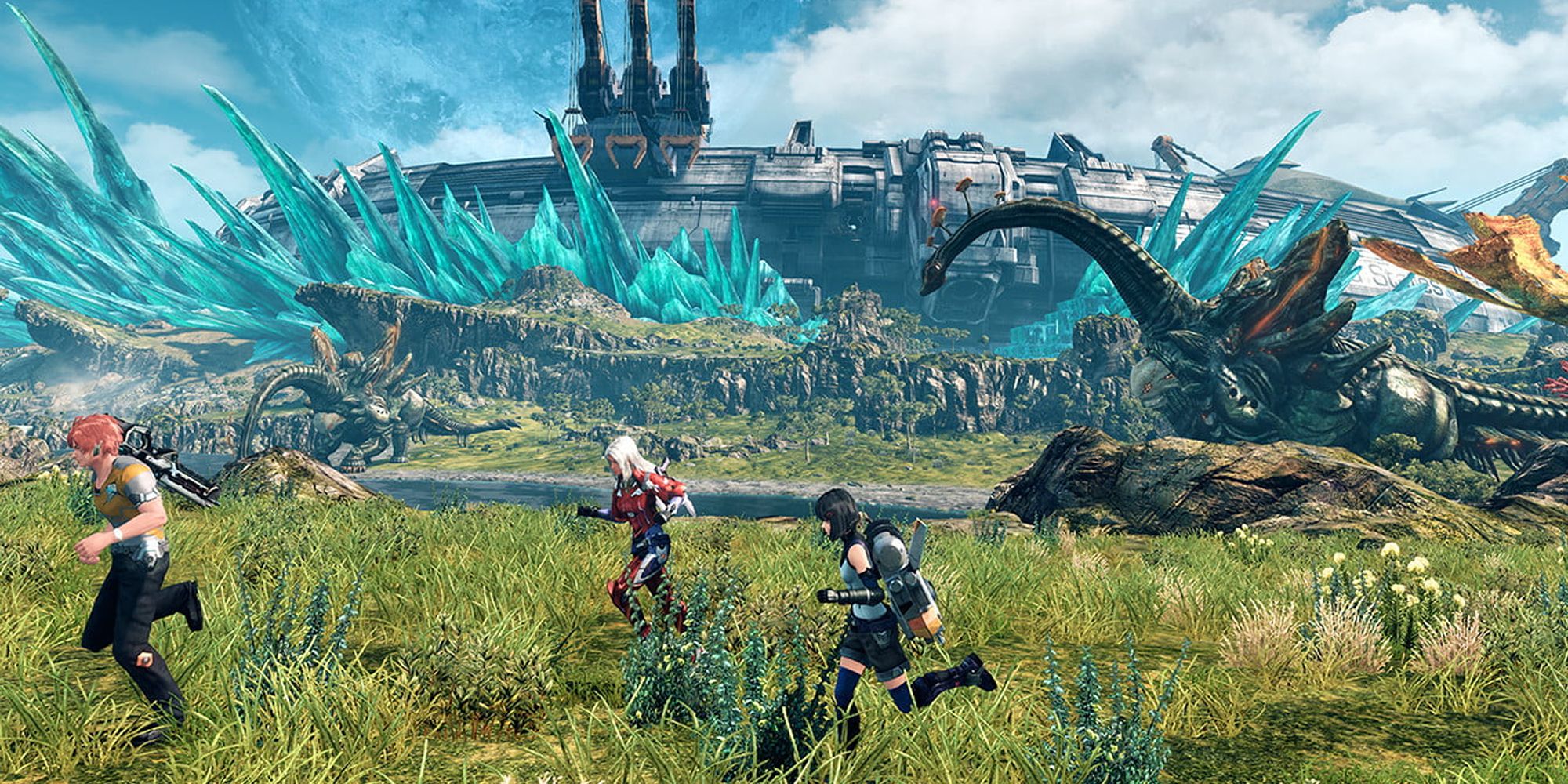 Xenoblade Team Runs Across The Field with large blue crystalline structures in the background and some creatures.  