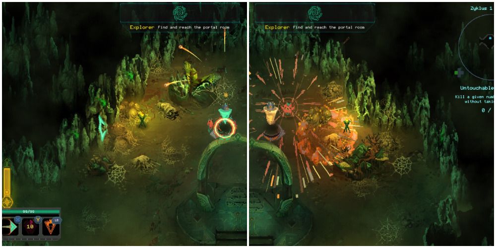 Yajouj releases spirit embers and rapid fire (left) while Majouj fires explosions and sets Borzoo loose (right)