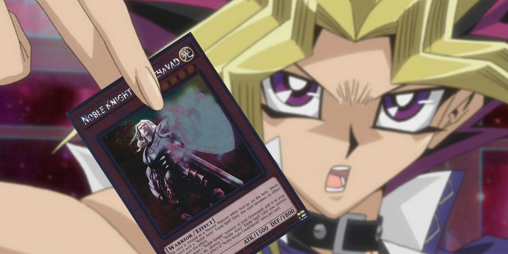 Yugi Moto, the protagonist of the original Yu-Gi-Oh! anime, holding Noble Knight Gwalvachad - an example of a Platinum Rare Rarity Card.