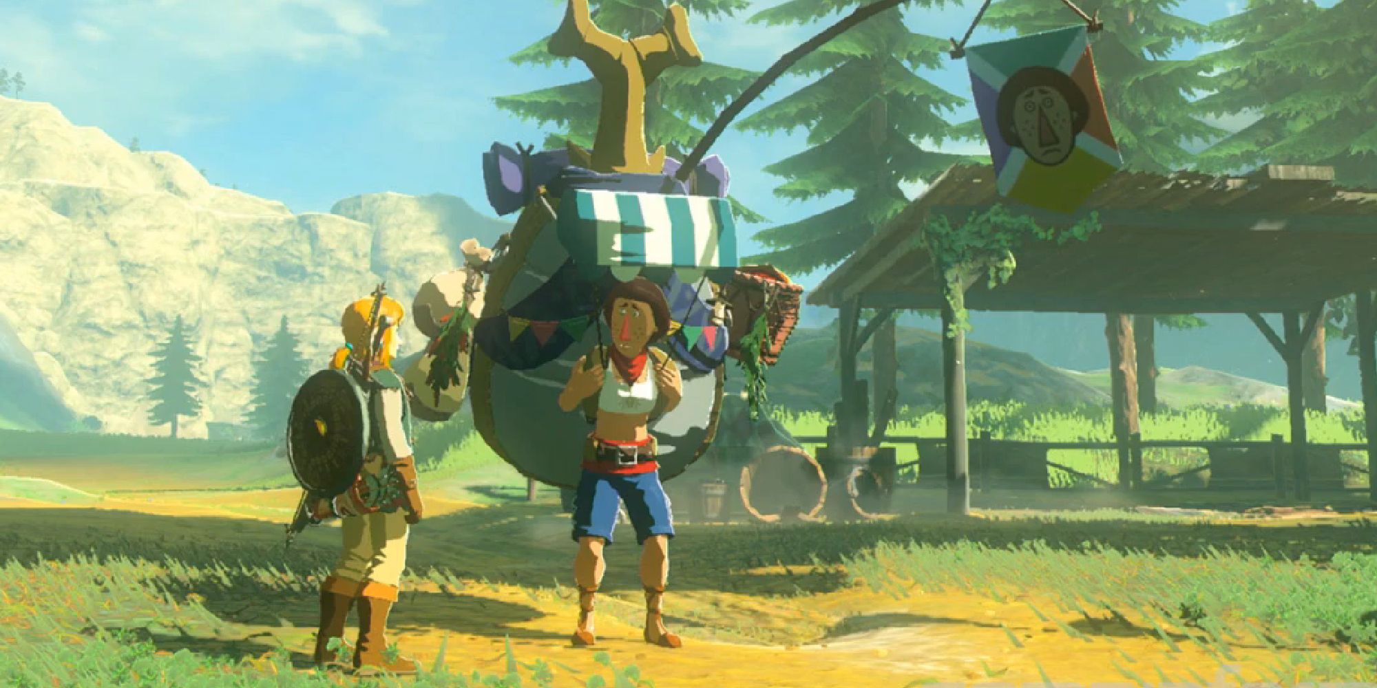 A screenshot showing Link talking to Beedle in The Legend of Zelda: Breath of the Wild