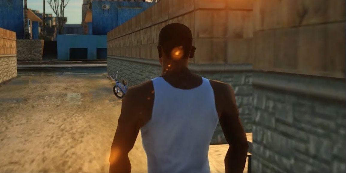 CJ in GTA San Andreas before saying the famous meme line, "Ah s**t, here we go again"