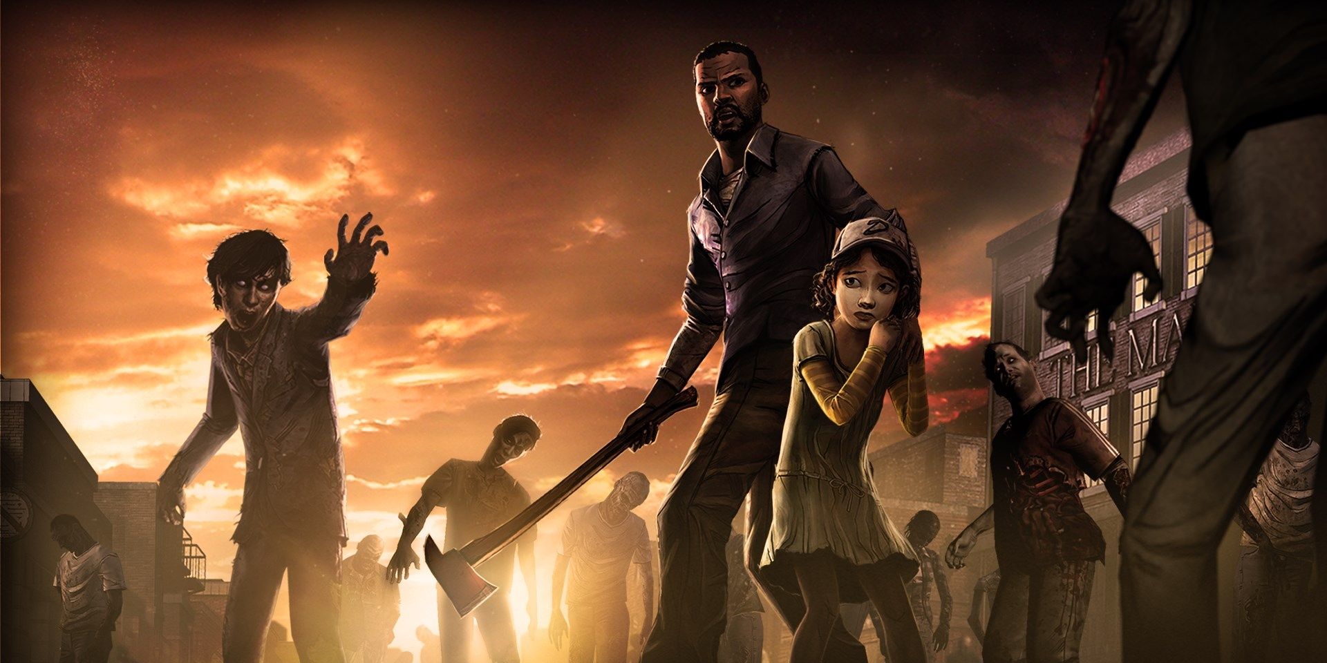 Characters surrounded by walkers in The Walking Dead: The Game