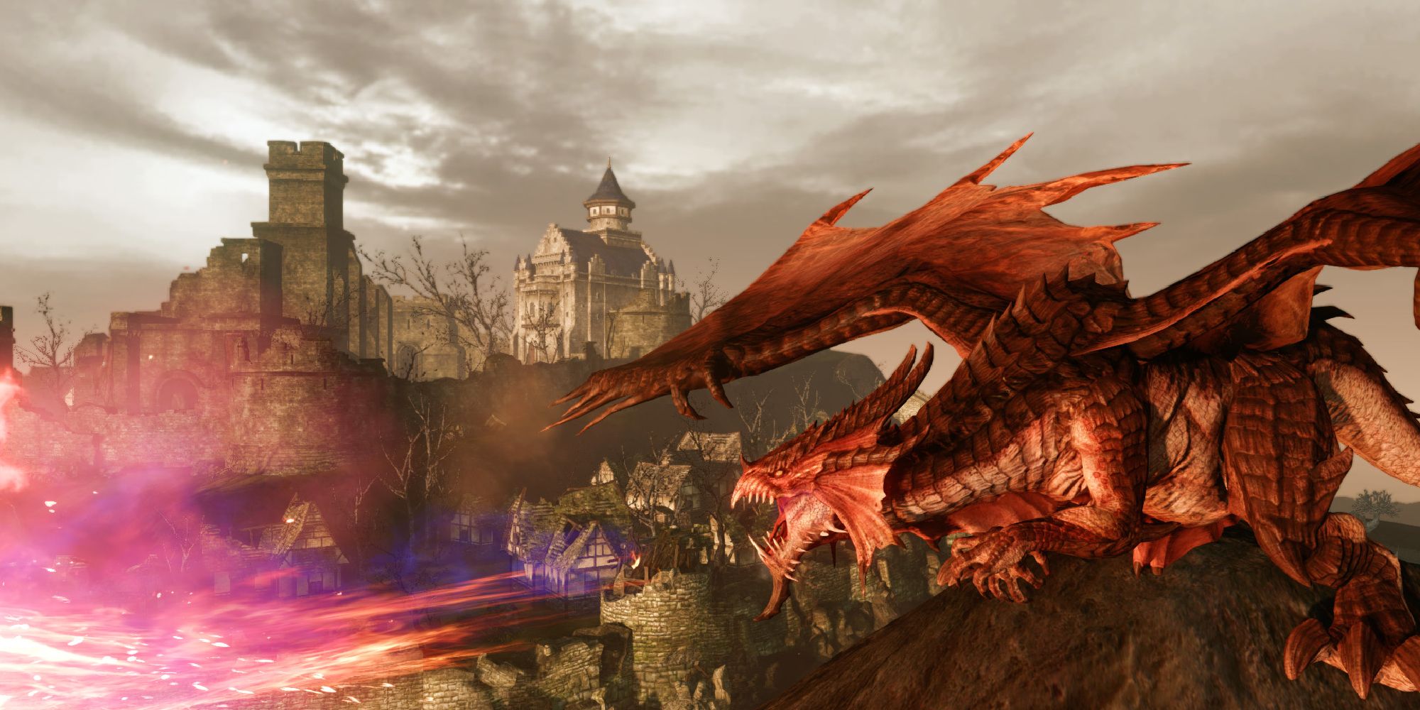 dragon breathing fire with castle in background