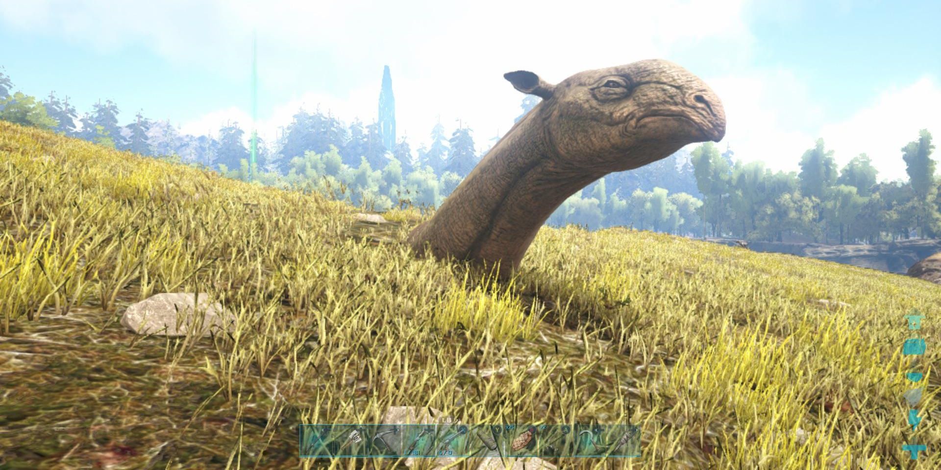 A screenshot showing a dinosaur stuck in the terrain in Ark: Survival Evolved