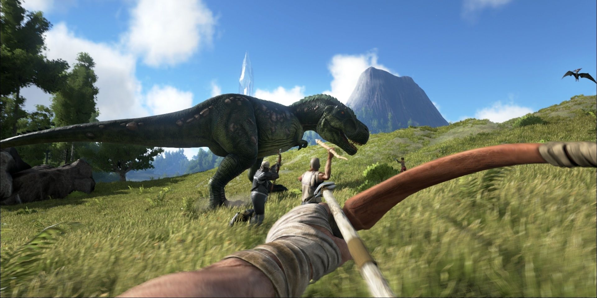 A screenshot showing some players fighting a T. Rex in Ark: Survival Evolved