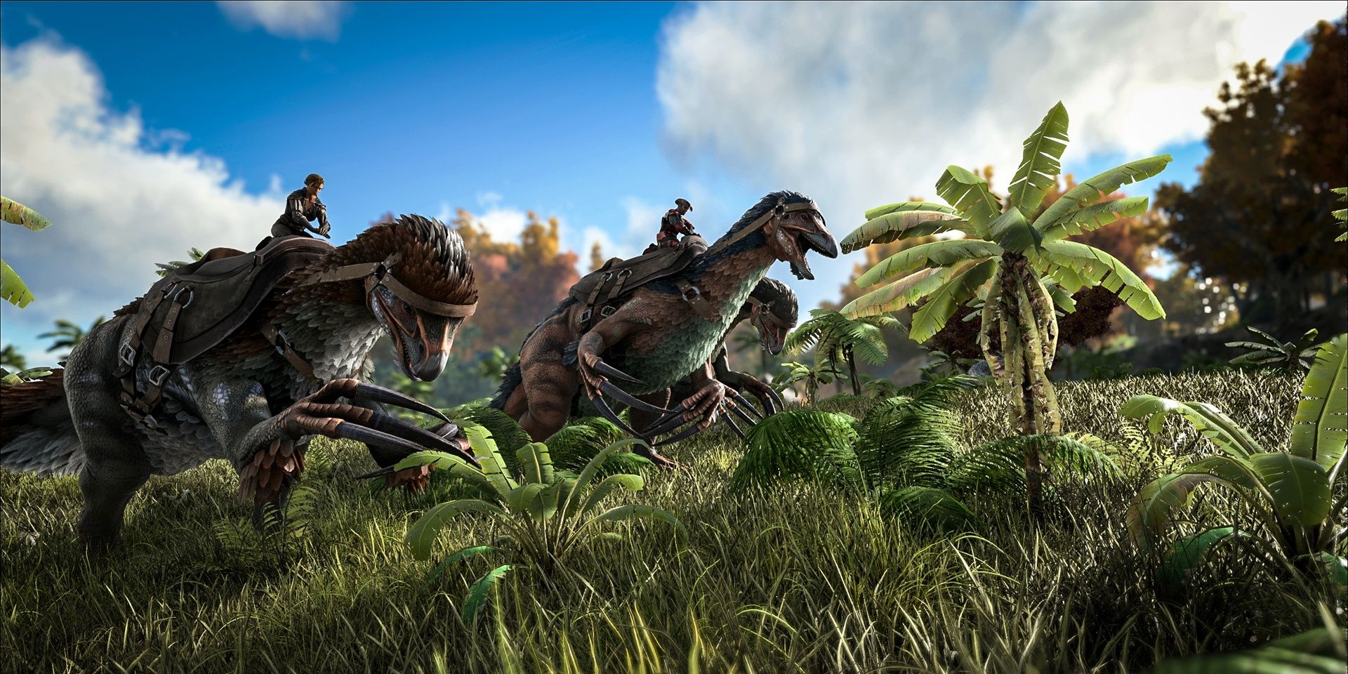 A screenshot showing two players riding their dinosaurs side by side in Ark: Survival Evolved