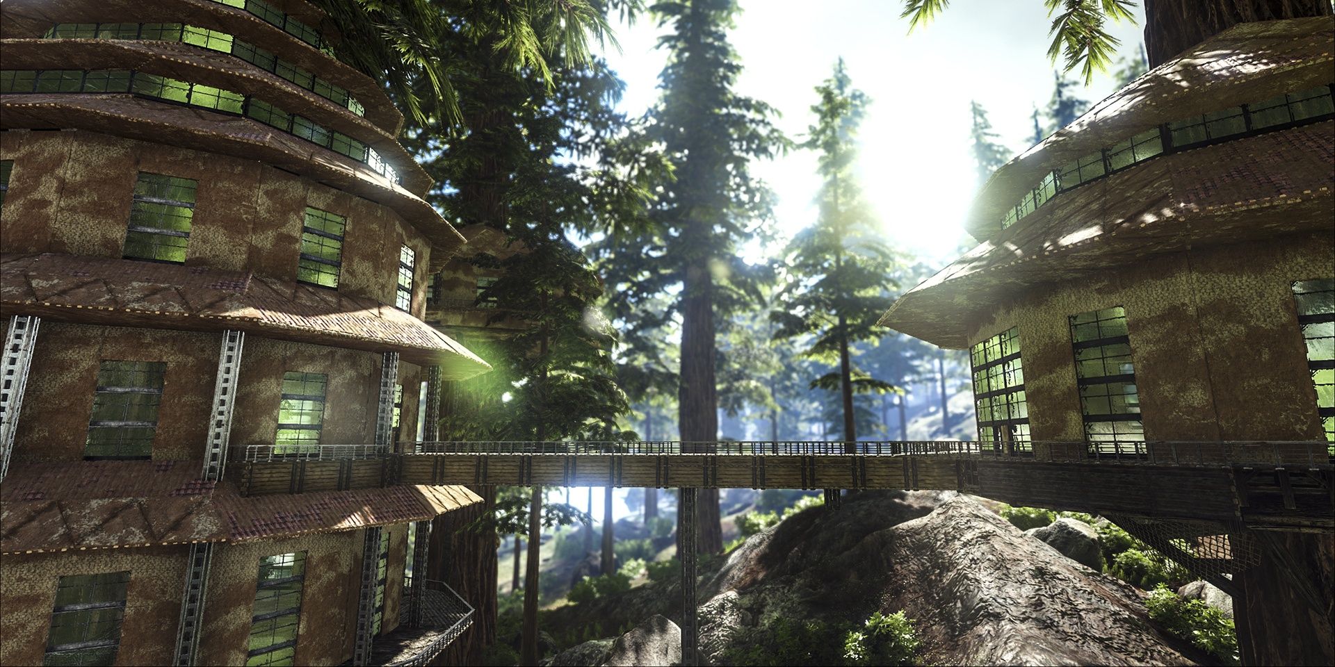 A screenshot showing a multibuilding base in Ark: Survival Evolved.