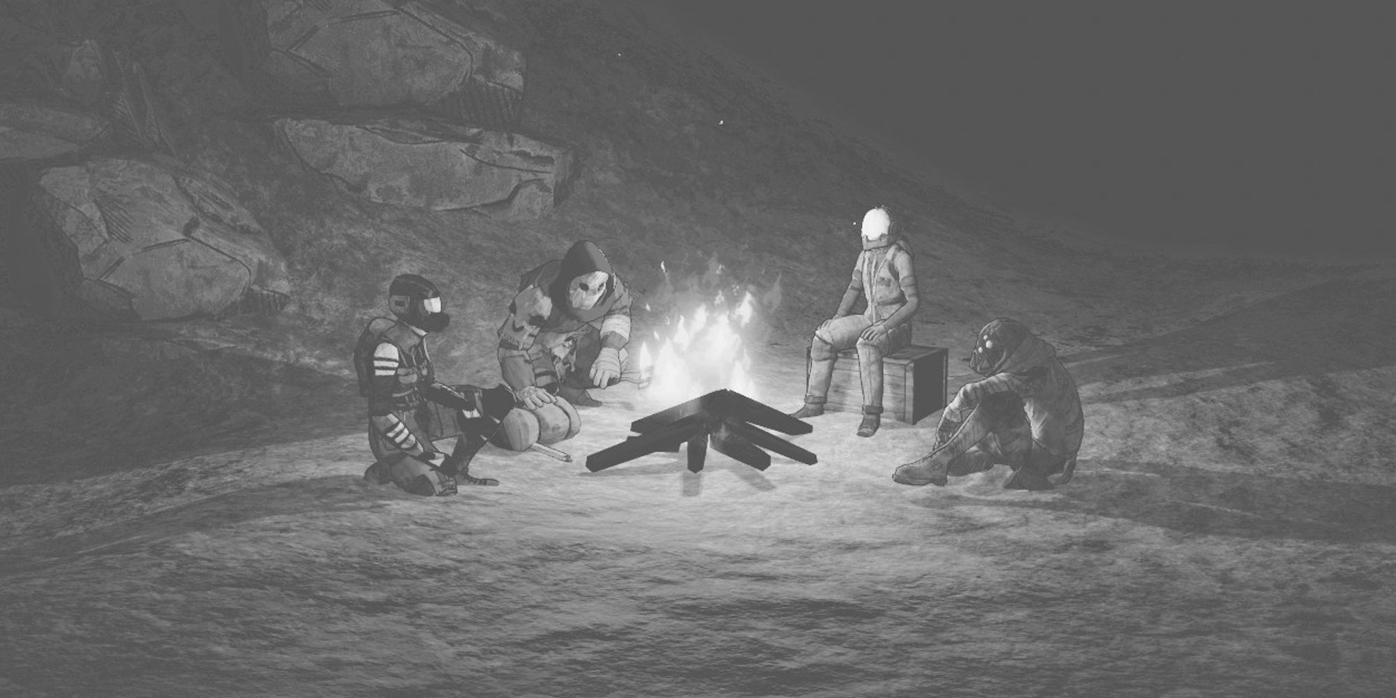 four survivors relaxing at campfire at night