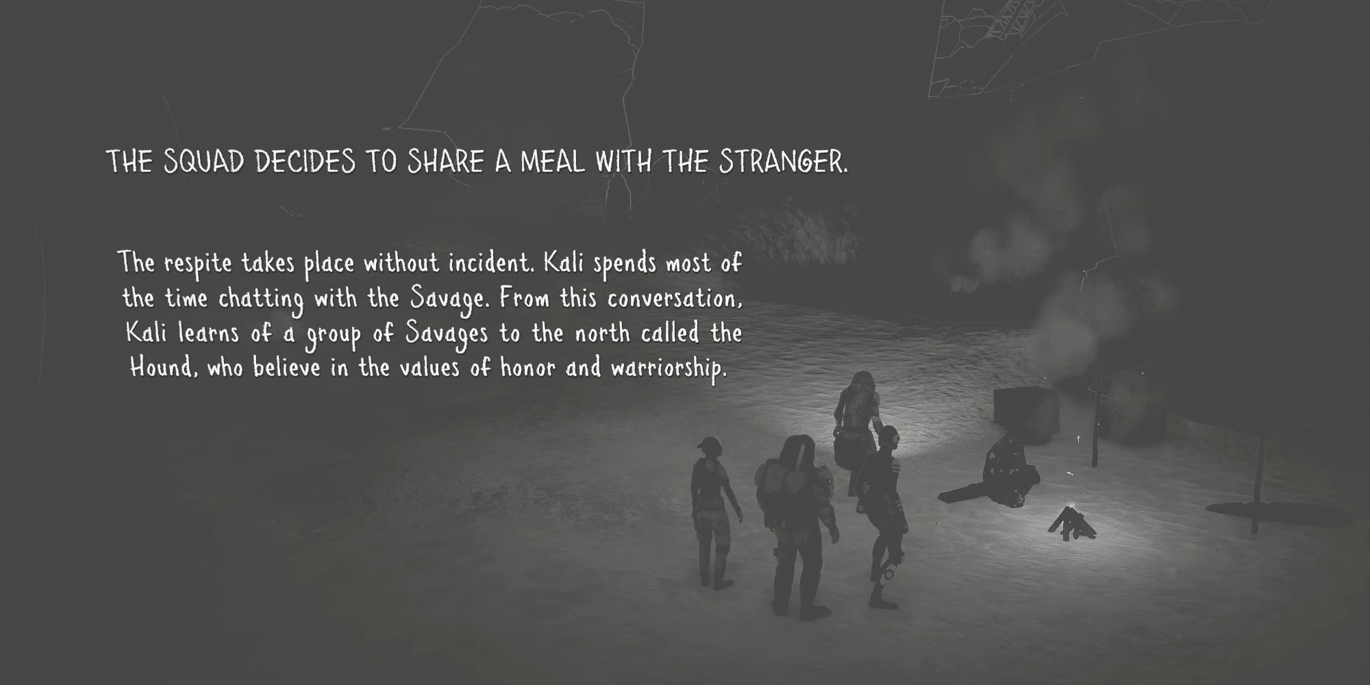text explaining that the survivors are going to share a meal with the stranger
