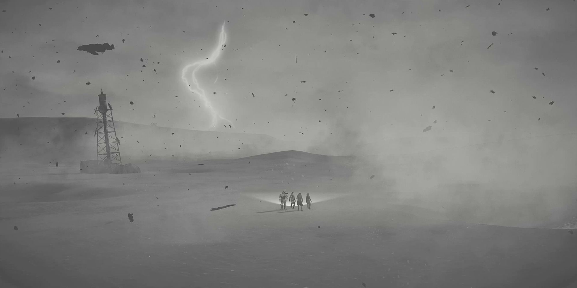 survivors standing in the middle of a sand storm