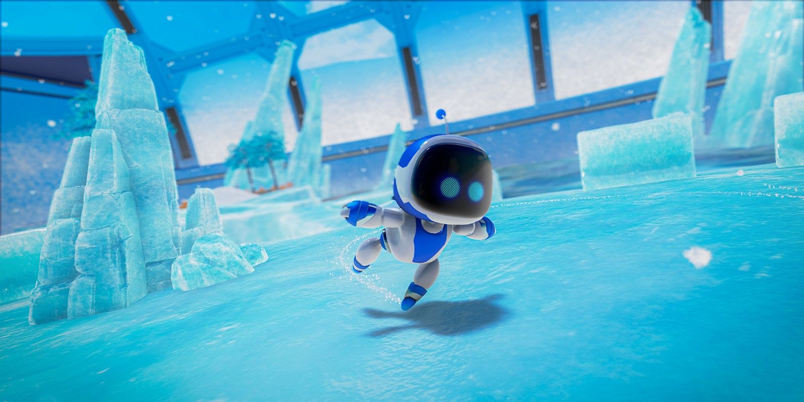 A screenshot showing Astro Bot skating on ice in Astro's Playroom