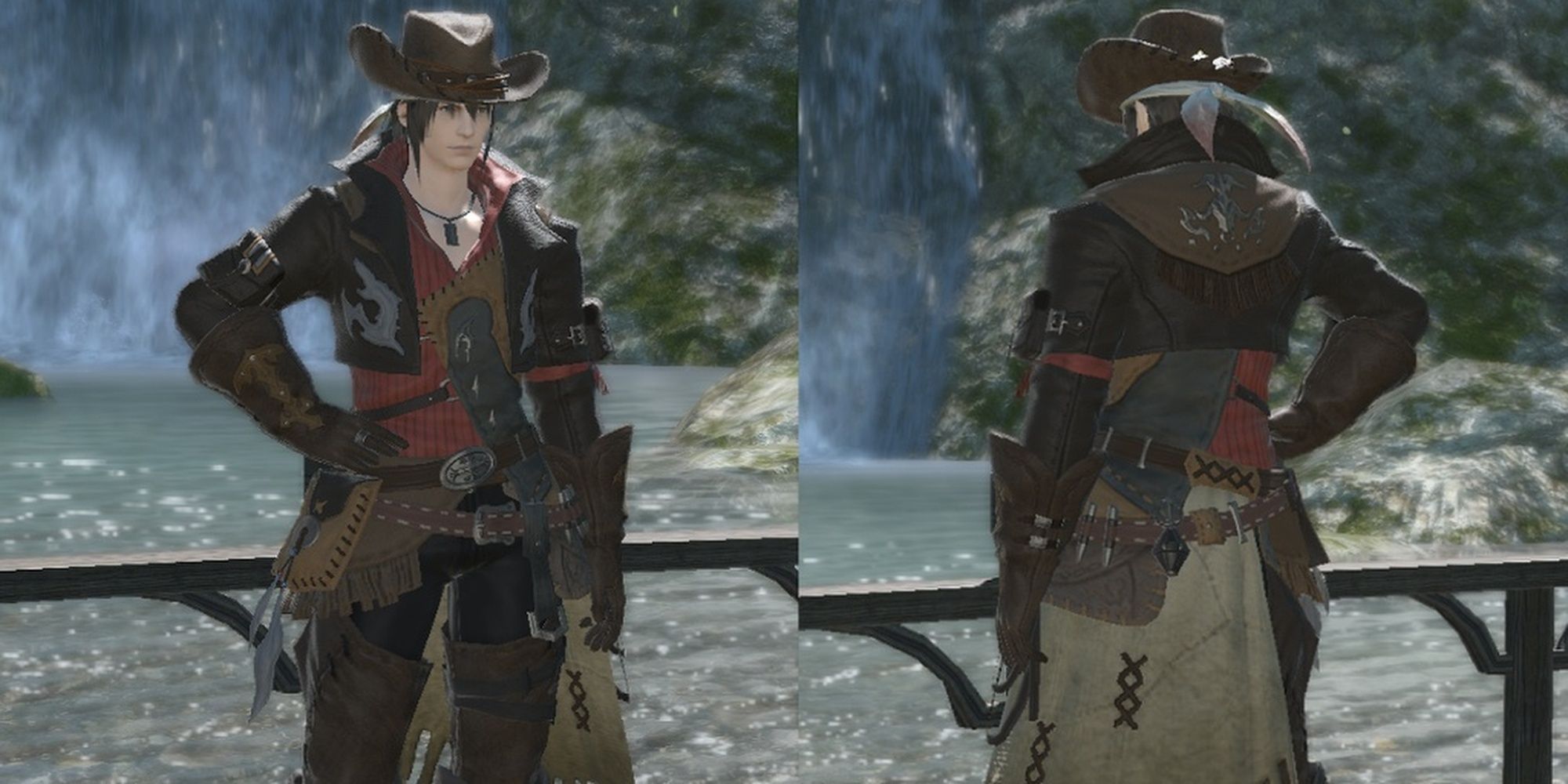 Final Fantasy 14 Split Image with Hyur in Wrangler Armor, Posed in Front of a Waterfall