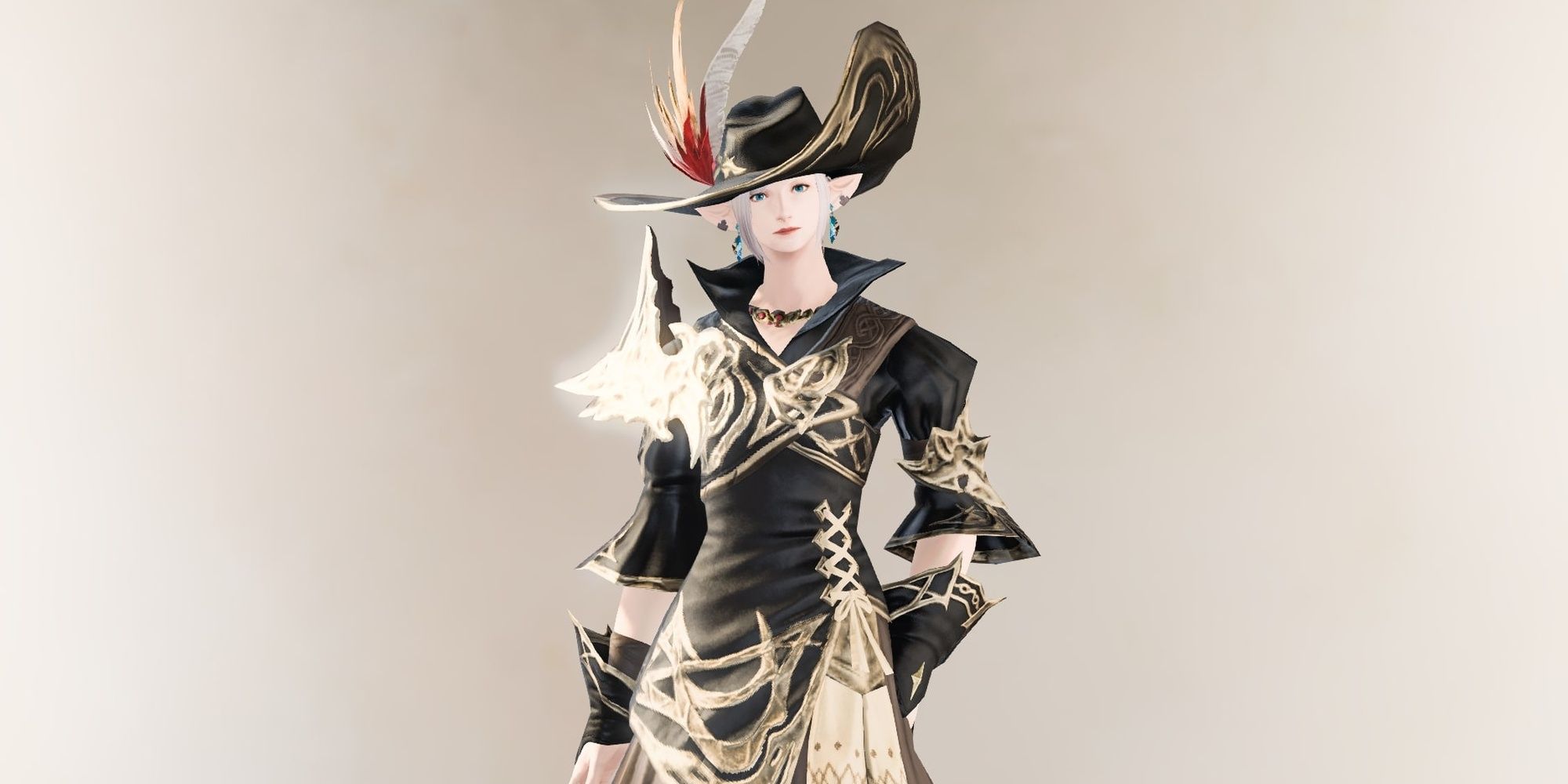 Final Fantasy 14 Elezen Character in Forgiven Glamour Against an Off-White Background