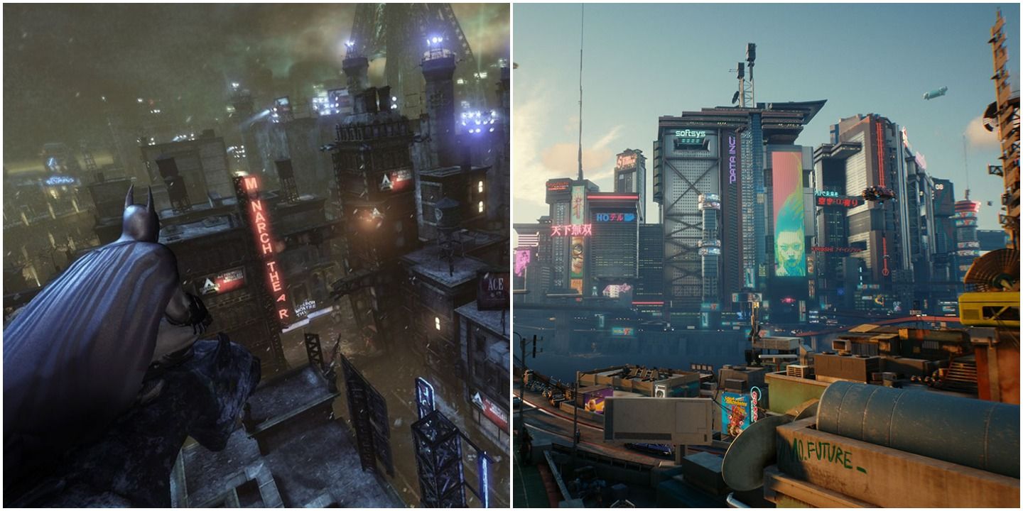 A collage showing Gotham City from Batman: Arkham City and Night City from Cyberpunk 2077