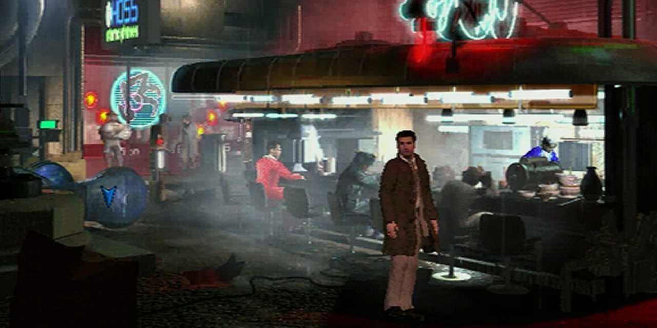 A screenshot showing Ray McCoy standing outside a restaurant in Blade Runner