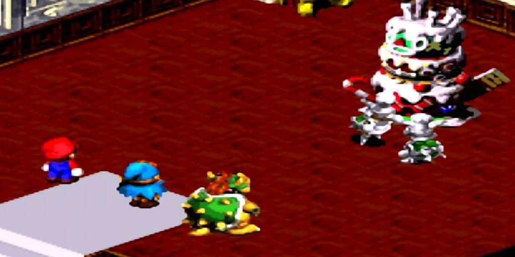 Torte, Apprentace, and Bundt attacking Mario, Geno, and Bowser in Super Mario RPG