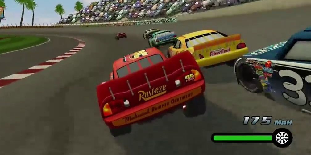 Lightning McQueen races other cars in the Cars videogame