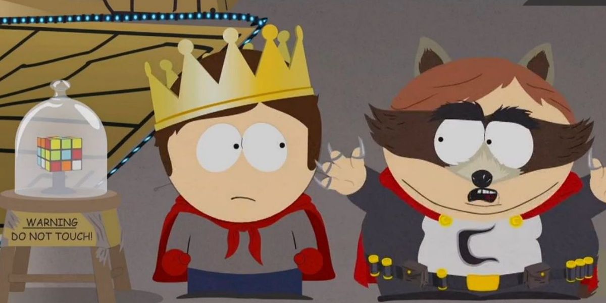 Cartman and the New Kid standing next to the Cube in South Park: The Fractured But Whole