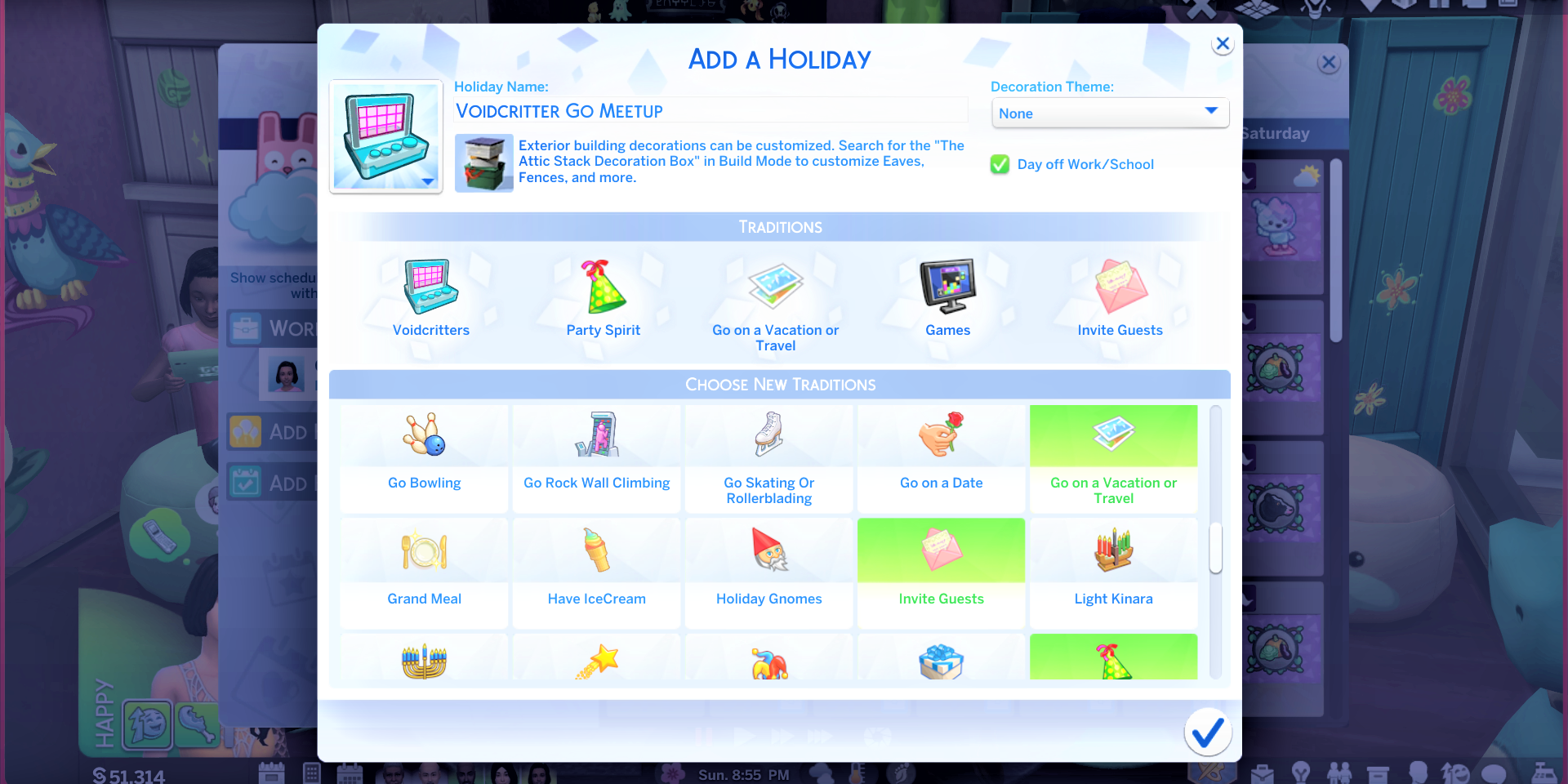 The Sims 4 Seasons Calender is pulled up, showing a custom Voidcritter Go Meetup event.