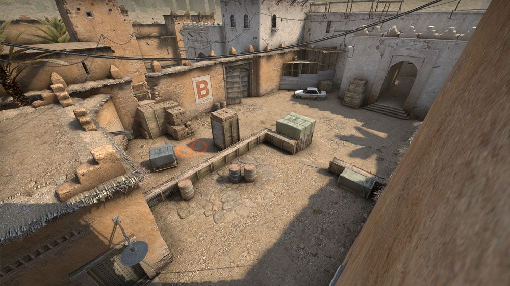 A view of CS:GO's Dust 2 Bomb Site B
