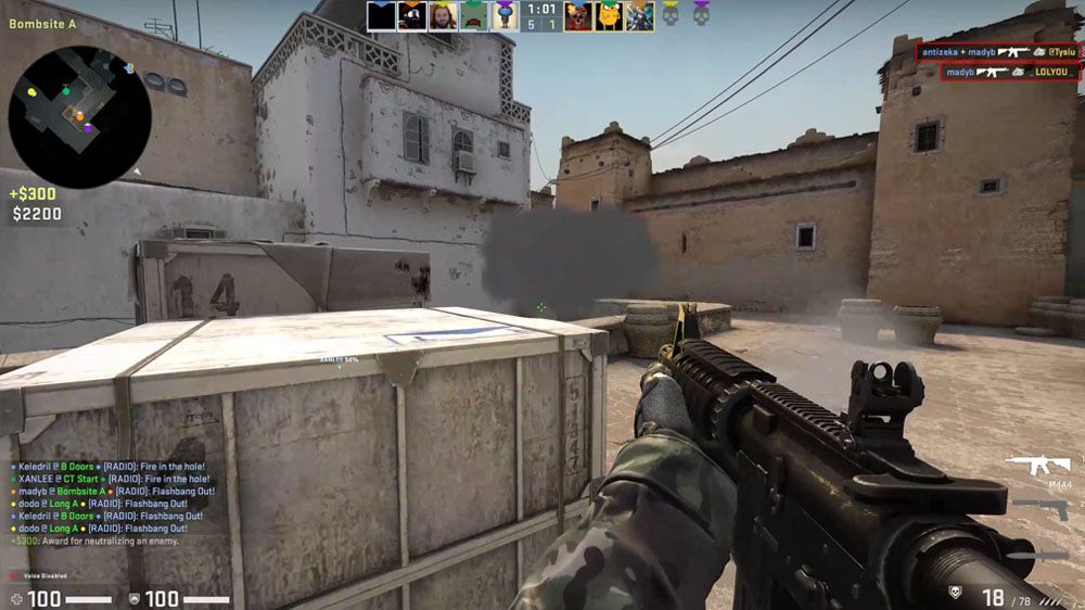 A CS:GO player kills enemies through the one-way smoke