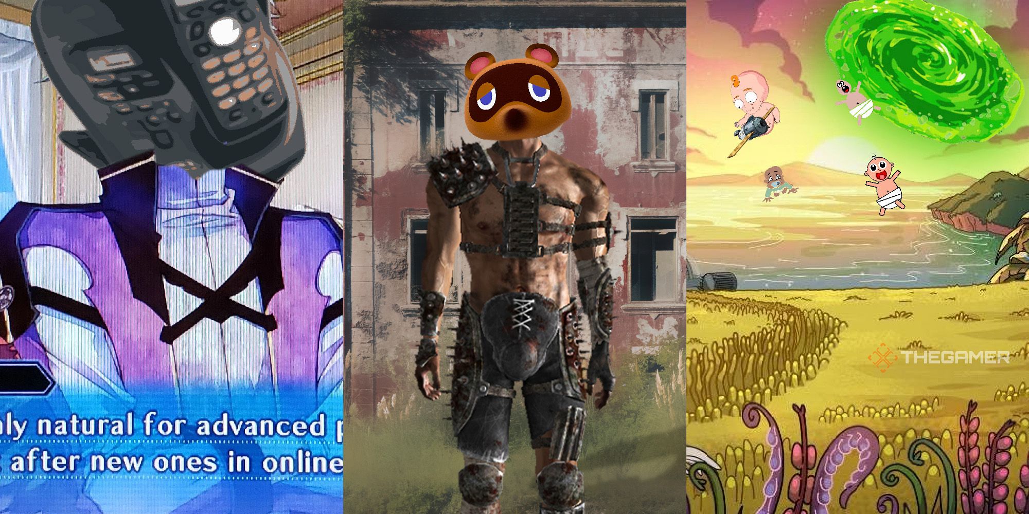 [Left Panel] A sentient answering machine flirts in a visual novel scene. [Middle Panel] Apocalyptic Tom Nook stands in front of a bomb shelter. [Right Panel] Babies rain from the sky onto a field of grass.