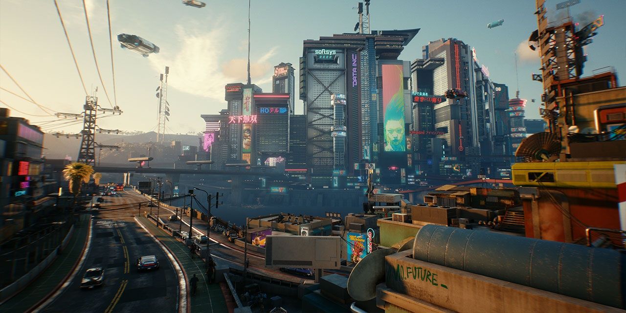 A screenshot showing Night City in Cyberpunk 2077