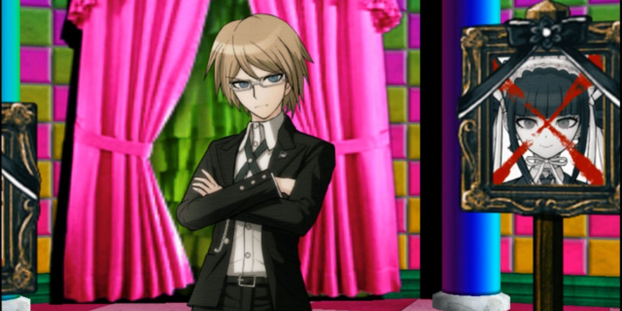 byakuya standing next to portrait of celeste during trial