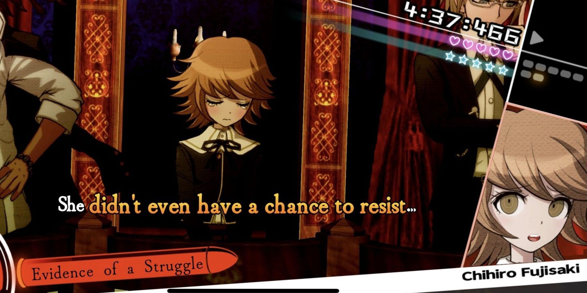 Chihiro laments a victim's experience during a class trial in Danganronpa: Trigger Happy Havoc.