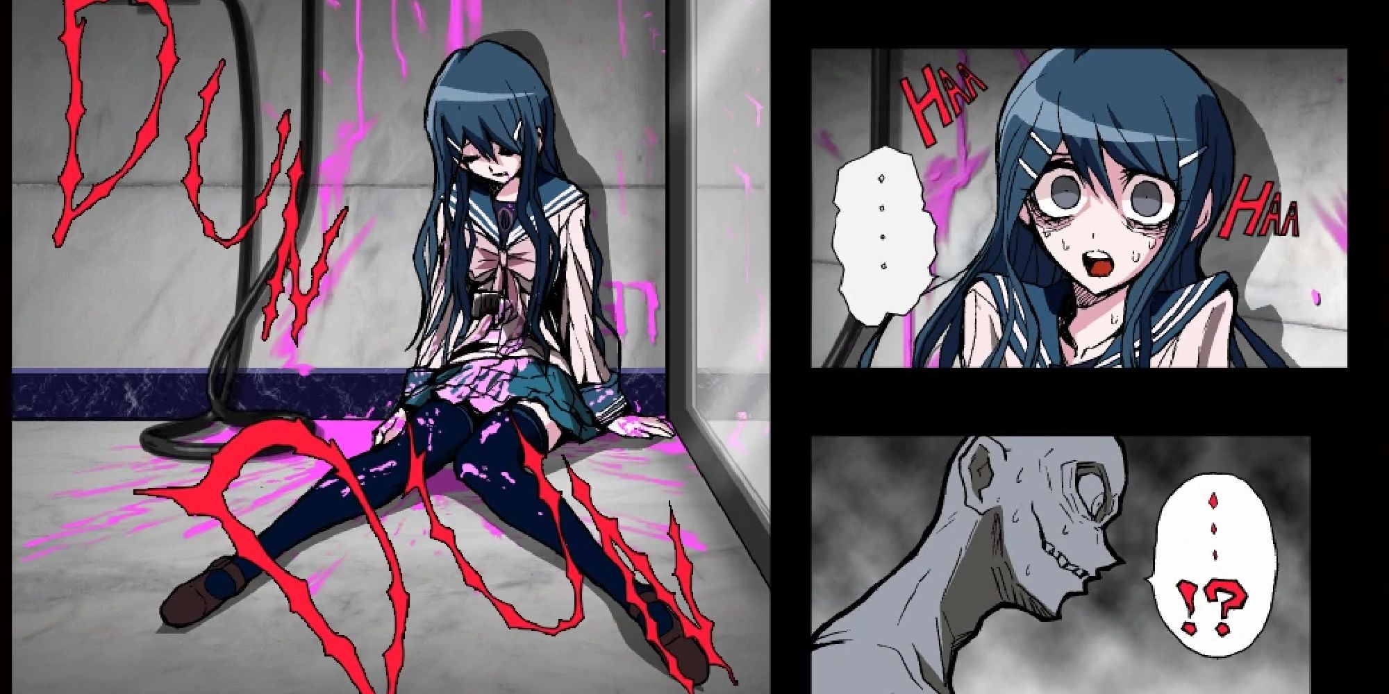 sayaka dead in the bathroom after writing a message