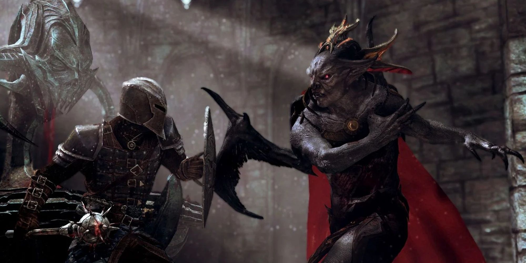Skyrim: Dawngaurd Warrior Facing Off Against A Vampire Lord